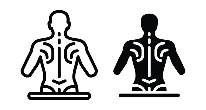 Human back anatomy icon set showing spine vertebrae shoulder blades and muscles for medical healthcare physical therapy and chiropractic massage