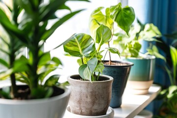 Fototapeta premium Plants Placed on a Shelf in a Bright Room During the Afternoon Light
