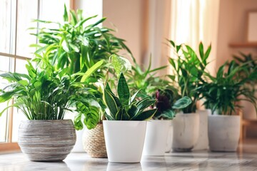 Fototapeta premium Plants Placed on a Shelf in a Bright Room During the Afternoon Light