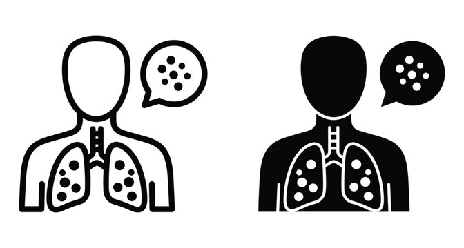 Human lung disease icon set showing respiratory infection pneumonia tuberculosis cancer nodules and breathing problems in outline and solid styles