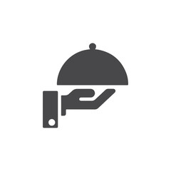 Fototapeta premium Minimalist Food Serving Silhouette Icon – Waiter Hand Holding Tray, Restaurant Service Symbol for Catering and Hotel Design.