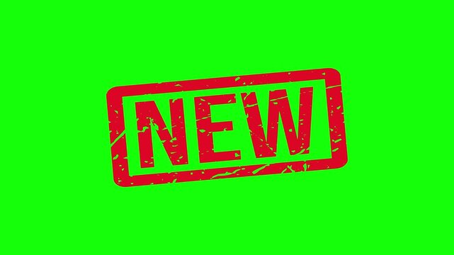 Red NEW Rubber Stamp Animation with Grunge Texture on White and Green Screen. A red stamp on a green background.