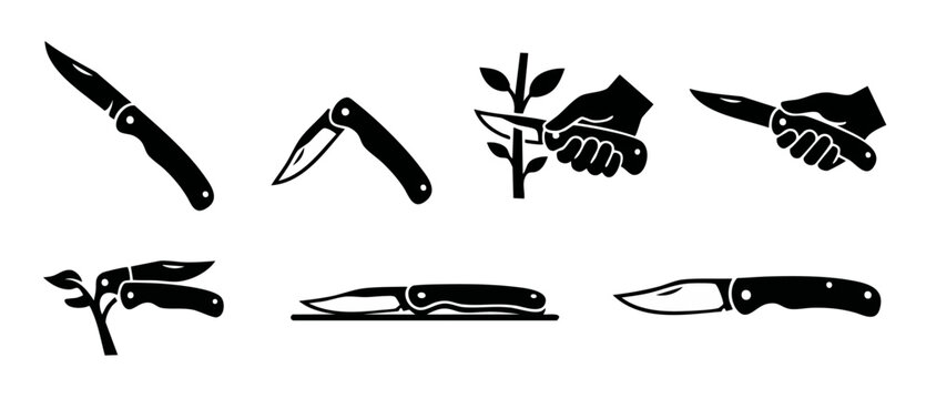 Pocket Knife Icon Set, Folding Blade Tools for Camping and Gardening, Vector Illustration of Utility Knives in Various Positions and Hand Usage, Simple Flat Silhouette Design for Outdoor Adventure Gea