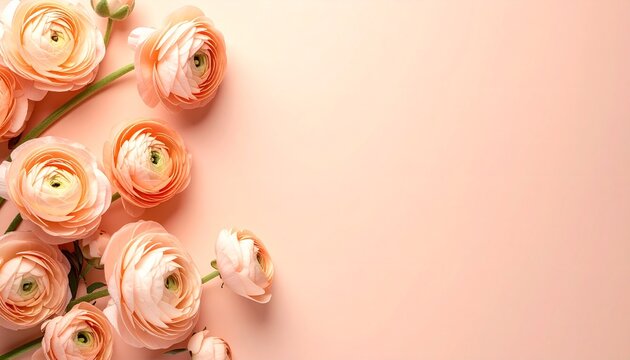 Peach ranunculus bouquet on soft apricot background with copyspace, floral banner, mothers day, feminine gift aesthetic