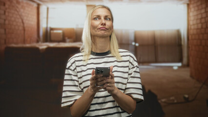Fototapeta premium Woman holding smartphone with hands, looking up while tapping the screen inside a building with brick walls and stacked boxes; quiet contemplation.