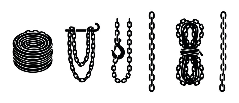 Metal Chain Icons Set, Industrial Lifting Equipment and Cargo Securing Links, Black Silhouette Graphic Collection for Construction and Logistics Applications, Vector Illustration of Steel Chains Isola