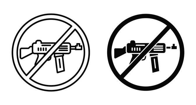 No guns allowed sign icon set featuring submachine gun silhouette inside prohibition circle for safety security and weapon control regulations
