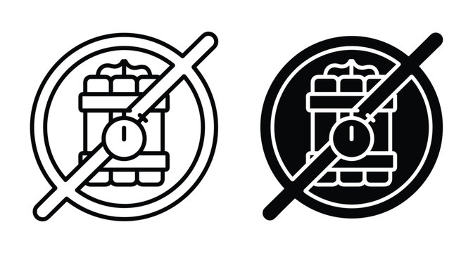 Bomb prohibited sign icon set featuring dynamite sticks with timer clock inside circle slash for safety security warning prevention control