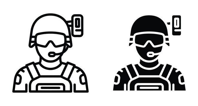 Soldier tactical operator icon set featuring military personnel with helmet goggles headset and body armor in line and glyph styles