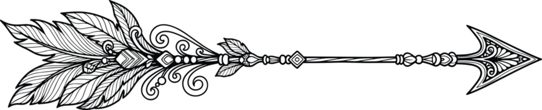 Detailed black and white engraved illustration of ornate decorative arrow with patterned arrowhead, embellished shaft, and stylized feather fletching