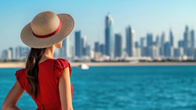 A woman looks out over the city from her elevated vantage point, wearing a red dress and straw hat