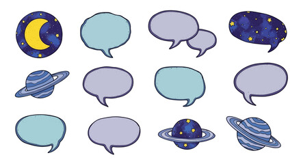 Space, astronomy, chat bubble icons, 13 speech bubbles, planet, moon, starry night isolated on White Background Editable EPS © Md Shaikh Farid