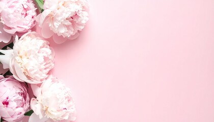 Fototapeta premium Soft pink peonies on light pastel pink background with copyspace, minimal floral banner, mothers day, feminine luxury aesthetic