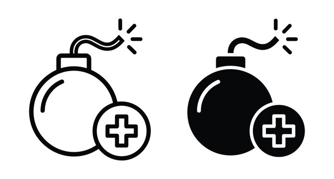 Bomb icon set with plus sign symbol representing adding a bomb or creating a new explosive device in flat style for interface design