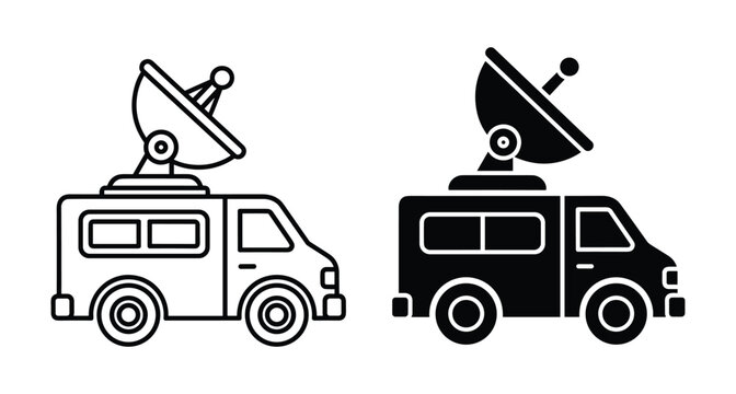 Satellite news van icon set featuring broadcasting vehicle with parabolic antenna for television media communication and live radio transmission signals