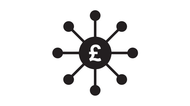British pound sterling currency network icon, black financial distribution vector, pound money central hub connection for banking and fintech apps