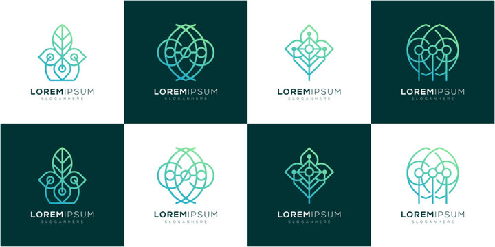 Collections of Green Nature and Leaf Line Art Logo Design Inspirations. Modern Sustainable Tech and Digital Circuit Nodes Concept. Geometric abstract vector icon symbols.