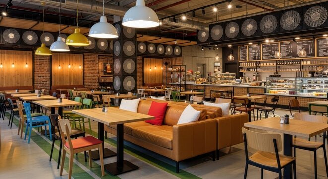 Modern Cafe Interior with Cozy Seating, Bright Lighting, and Stylish Decor