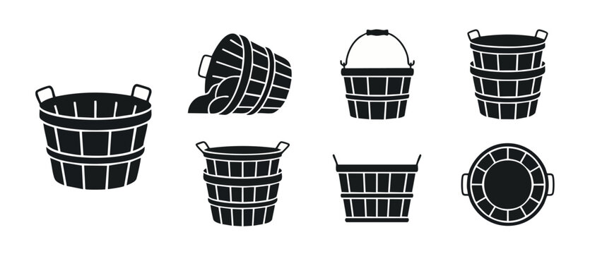 Wooden Basket Icon Set, Farm Produce Harvest Container Vector Illustration, Rustic Orchard Fruit Bushel Collection, Empty And Full Wooden Buckets For Agriculture Market Design, Simple Minimalist Graph