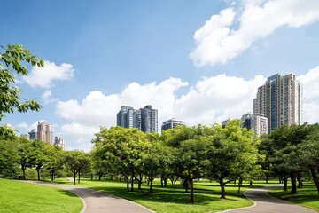 Obraz premium Walkway in the Park on a Sunny Day With City Skyline in the Background