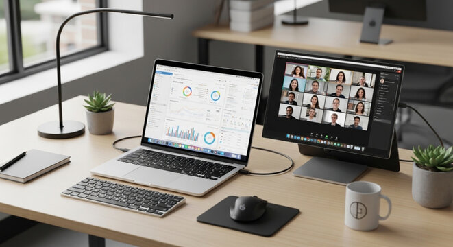 Modern Workspace Setup with Laptop and External Monitor Displaying Video Conference and Data Charts