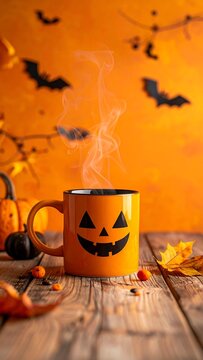 A steaming coffee mug with a jack-o'-lantern face sits on rustic wooden planks, Halloween-themed, orange background