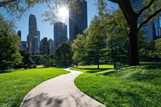 Walkway in the Park on a Sunny Day With City Skyline in the Background