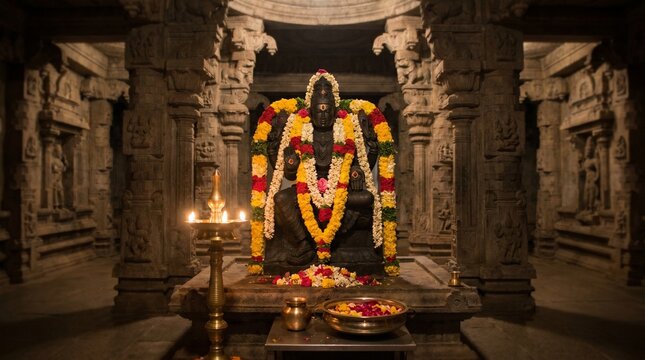 Decorative Vishnu idol adorned with vibrant flowers and lit diya during Ekadashi Vrata ritual in a traditional temple setting
