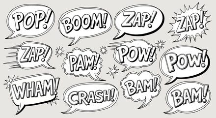 Comic speech bubbles, sound effects, pop art words, explosion phrases, vector illustrations isolated on White Background Editable EPS © Md Shaikh Farid