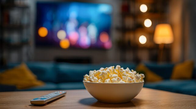 Popcorn bowl and remote control on coffee table