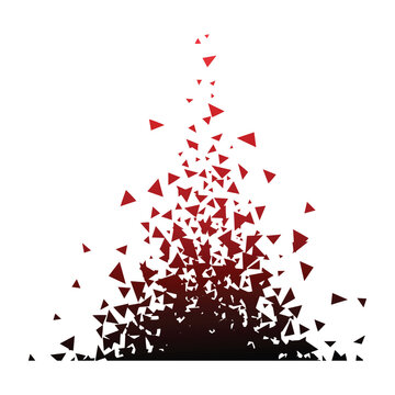 Abstract explosion of small red and black triangles scattered upward in a dynamic motion pattern
