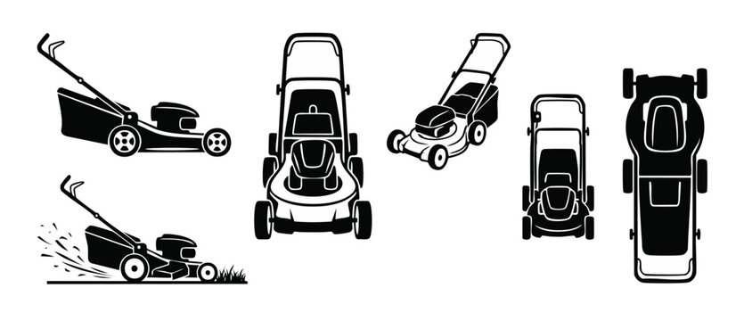 Lawn mower icons set, black and white silhouette collection of grass cutting machines, gardening equipment, side, top and perspective view isolated on white background for landscape design elements.