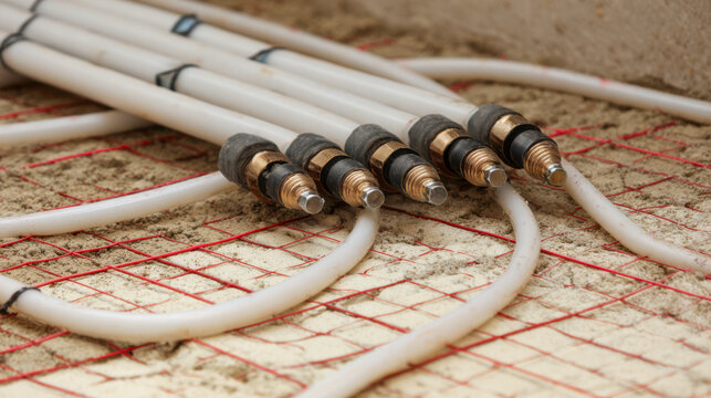 Underfloor heating pipes installing on subfloor construction