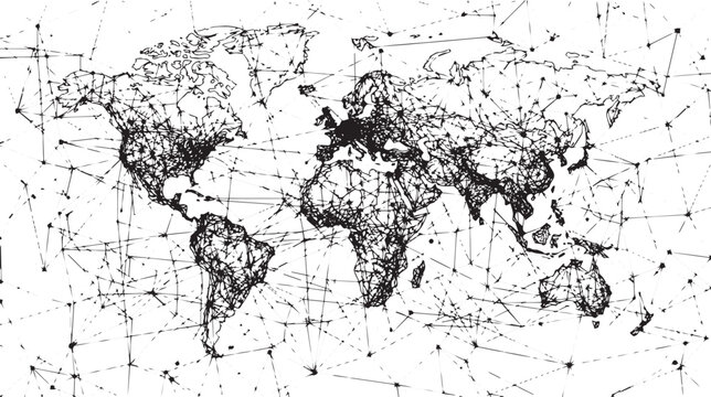 Global network world map vector, digital connection lines and dots on white background, abstract technology earth map for logistics and data