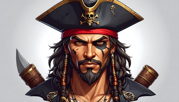 A stern-faced pirate captain with dark hair, goatee, and a tri-corner hat. His gaze is intense with a sword at his side