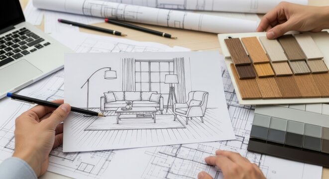 Interior Design Blueprint Architect sketching living room plan with material samples and laptop