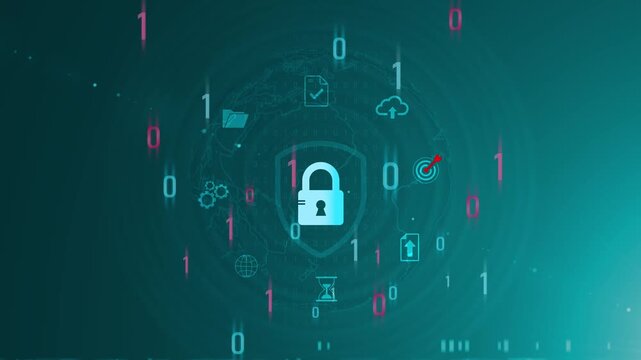 Digital cyber security, data protection, network defense, ethical hacking, encryption security, malware prevention, Motion graphics of security concept