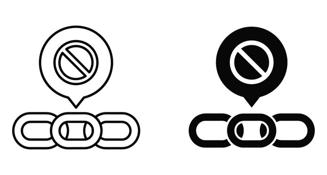 Broken link icon set showing chain with prohibition sign for website error dead connection restricted access and security block symbol