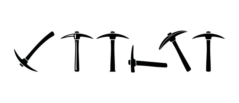 Pickaxe icon set, mining tools silhouette collection for construction and excavation. Black vector graphic elements of professional hammers for geology, mineral exploration, industrial mining equipmen