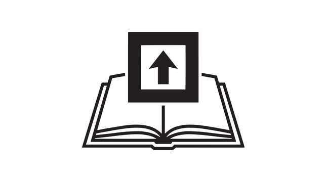 Digital publishing icon with open book and upload arrow, black and white vector illustration for e-learning and online education platforms