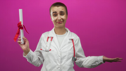 Obraz premium Woman doctor holding diploma scroll with red ribbon and red stethoscope, palm up shrug gesture in studio; uncertainty achievement.