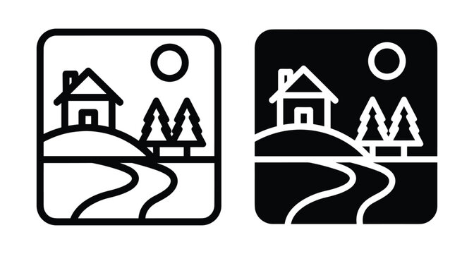 Landscape icon set featuring a small house on a hill with pine trees sun and winding path in square frames