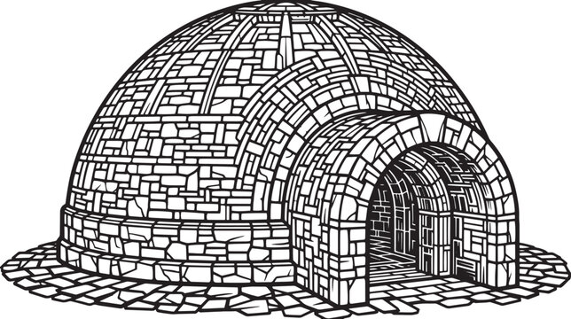 Vintage igloo line art illustration, traditional snow house vector drawing, arctic ice dome shelter with stone texture, winter dwelling icon