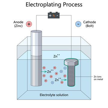 Educational diagram showing zinc electroplating, with anode, cathode bolt, electrolyte solution, battery connection, and zinc ion movement. diagram hand drawn schematic vector. Science educational