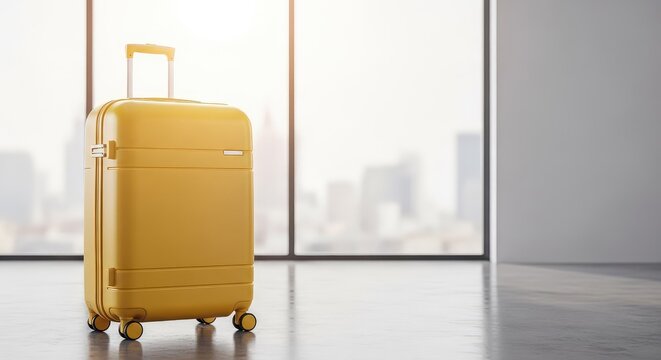 A modern hard-shell suitcase stands upright on a polished floor in front of a large window with bright natural light and a clean interior, holiday, window, departure