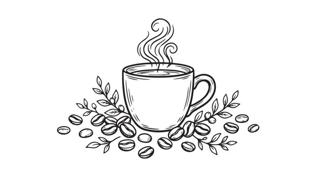 Hand drawn coffee cup vector illustration, vintage sketch of steaming hot coffee mug with roasted beans and leaves, rustic cafe branding element