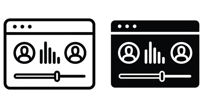 Video conference icon set showing online meeting interface with user avatars audio waveform and progress bar for digital communication software