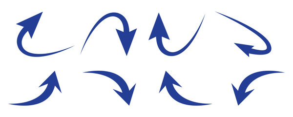 Fototapeta premium Set of eight blue curved arrows pointing in different directions isolated on transparent background