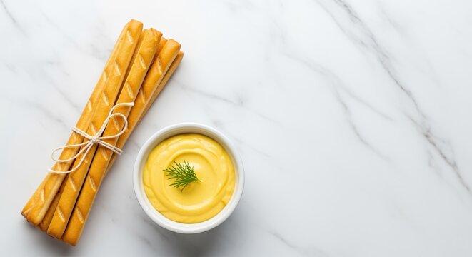 fresh breadsticks tied with rope beside creamy yellow dip on marble counter