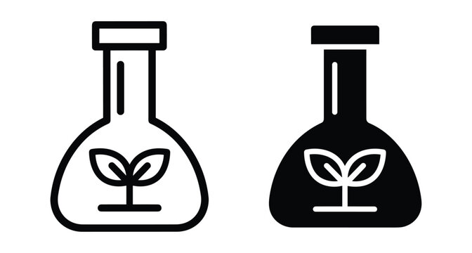 Laboratory flask with growing plant sprout icon set representing biotechnology research green energy environmental science sustainability and organic botanical experiments